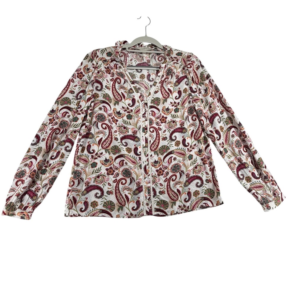 Loft Dobby Paisley V Neck Button Front Long Sleeved Blouse Womens XSmall Boho